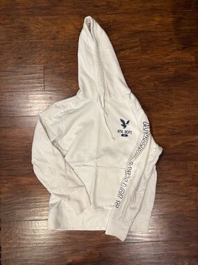 American Eagle Outfitters White Hoodie with Navy Print and Sleeve Text